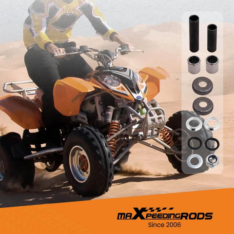 Swing Arm Bolt On Bushing Kit With Shaft Pivot Bolt And Bearing Seal Set For Honda TRX400EX 1999 2008 And TRX400X 2009 2014 Heavy Duty Replacement Parts With Needle Bearing Shafts And Composite Washer Bearings shown by an ATV in motion on desert