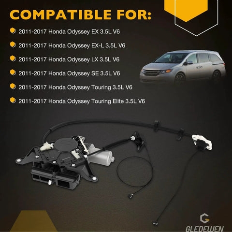 Power Sliding Door Motor Assembly With Cable For 2011-2017 Honda Odyssey EX EX-L LX SE Touring Touring Elite 3.5L V6 Engine Right Passenger Side Replaces OEM Parts 72010-TK8-305 72010-TK8-A11 And Compatible Part 747-303 Without Chip For Smooth Operation displayed with compatibility list and vehicle photo.