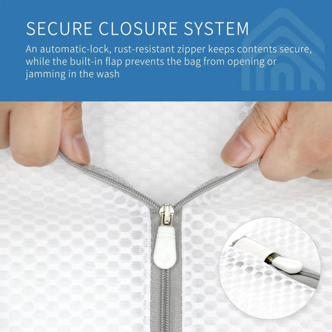 Close-up of hands holding Three Pack Durable Honeycomb Mesh Laundry Bags For Delicates 12 By 16 Inches with auto-lock zipper system.
