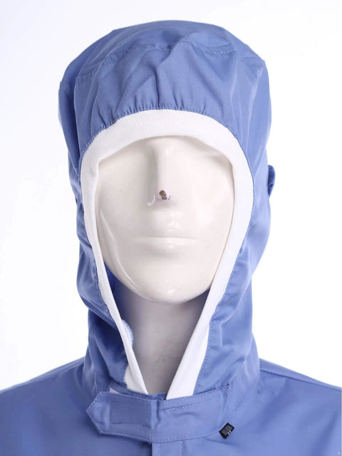 Durable Unisex Lab Coat For Men And Women With Hooded Or Hatless Design In Blue 100 Percent Polyester Lab Jacket, front view on mannequin.