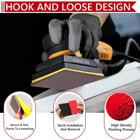 Close-up of 24 Piece Sanding Sponge Set 3x4 Inch With Grit Range 120 To 3000 Hook And Loop in use with orbital sander, gloves visible