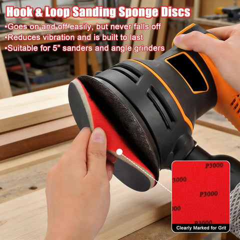 Five Inch Foam Sanding Pad Set 18 Pcs 180 3000 Grit For Wet Dry Orbital Sander attached to a sander, close-up view.