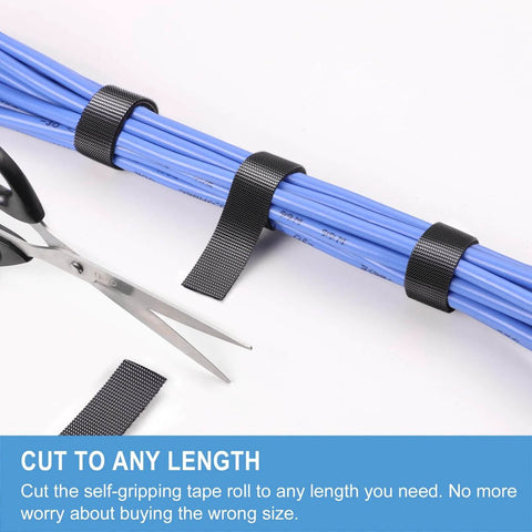 One Inch by Twenty Four Foot Hook and Loop Straps Heavy Duty Self Gripping Strips bundling blue cables with scissors