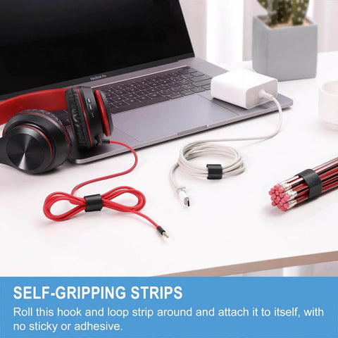 One Inch by Twenty Four Foot Hook and Loop Straps Heavy Duty Self Gripping Strips Reusable Multi Purpose Wrap Roll organizing cables on desk