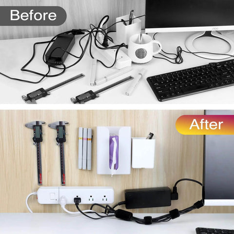 Before and after image using Heavy Duty Black Hook And Loop Strips With Adhesive 2 By 5 Inch for organized desk setup.