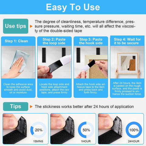 Instructions for using 32 Sets 1x4 Inch Hook And Loop Strips With Adhesive Heavy Duty Mounting Strips for wall hanging and more.