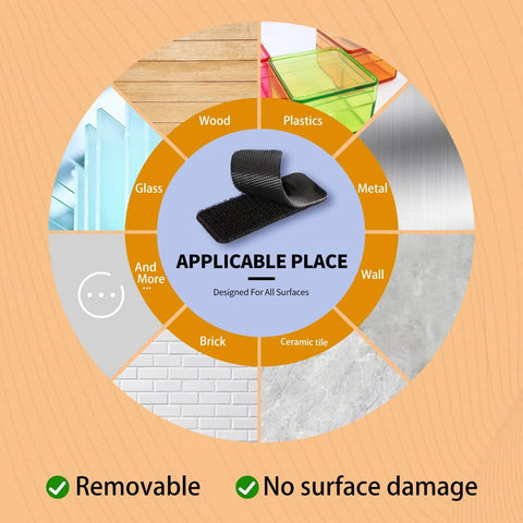 Industrial Heavy Duty Hook And Loop Strips With Adhesive, 30 Sets, Tough Back Adhesive Double Sided Tape For Rough Surfaces, diagram showing applicable surfaces like wood, plastic, metal, and more.