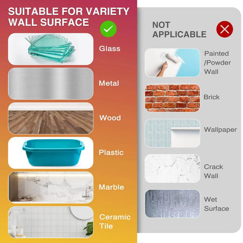 Chart showing surfaces suitable for Heavy Duty Black Hook And Loop Strips With Adhesive 2 By 5 Inch 10 Pairs 20 Strips, including glass and metal.