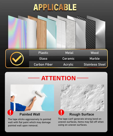 Infographic showing surfaces applicable for Industrial Strength Hook And Loop Strips with Ultra Sticky Super Adhesive Backing.
