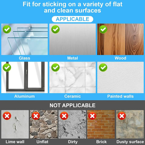 Chart showing surfaces applicable for 32 Sets 1x4 Inch Hook And Loop Strips including glass, metal, wood, and not applicable surfaces.
