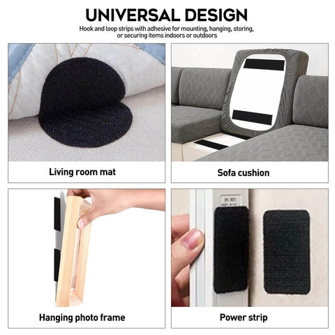 Strong Sticky Back Hook And Loop Tape With Adhesive For No Slip Couch Cushions And Furniture 4.4 Inch By 7 Foot Heavy Duty Double Sided Strip Roll Black used on various surfaces like living room mat, sofa cushion, hanging photo frame, and power strip.