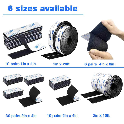 Heavy Duty 1 Inch By 20 Foot Self Adhesive Hook And Loop Tape with various size options displayed for mounting and hanging.