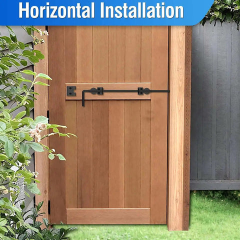 18 Inch Cane Bolt Drop Rod installed horizontally on wood gate, heavy duty gate latch for wood, metal, and vinyl fences, black coating