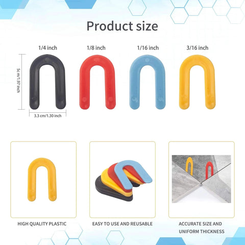 400 Pcs Horseshoe Shims Set For Tile Leveling U Shaped Spacers In Four Colors Blue One Sixteenth Inch Red One Eighth Inch Yellow Three Sixteenths Inch Black One Quarter Inch Durable PP Plastic, showing various sizes and uses.