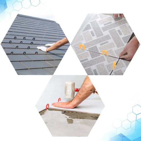Illustration showing 400 Pcs Horseshoe Shims Set For Tile Leveling U Shaped Spacers In Four Colors, used in tile and stone installation.