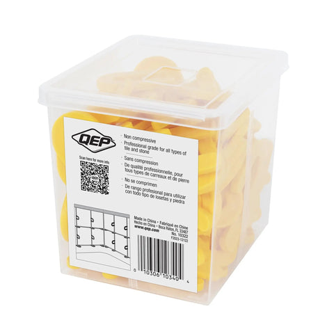 Packaging of QEP 100 pack Three Sixteenth Inch Horseshoe Tile Spacers for marble, granite, and stone installations, injection molded.