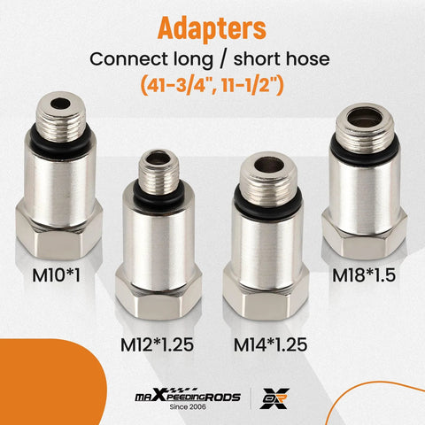 maXpeedingrods leak-down tester adapters: four chrome adapters with M10x1, M12x1.25, M14x1.25, and M18x1.5 threads