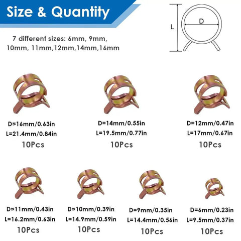 Durable 70 piece hose clamp assortment in 6 9 10 11 12 14 16 mm ranges, crafted from sturdy 65Mn spring steel with sizes labeled.