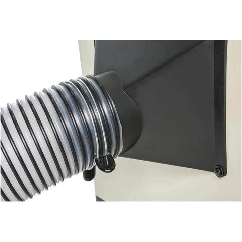 Shop Fox Double Loop Squeeze Hose Clamp 6 Pack Fits 6 Inch Spiral Reinforced Dust Collection Hose No Tools Required One Handed Operation For Quick Secure Grip And Easy Removal For Professional Workshops And Home Shops installed on a dust collection hose.