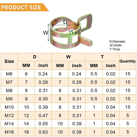 Size chart and diagram of 90Pcs 6 To 16 Millimeter Spring Band Hose Clamps Assortment Kit Galvanized Carbon Steel Vacuum Hose Clips Constant Tension Clamps For Vacuum Hoses Fuel Lines And Silicone Hoses Durable Corrosion Resistant Under Hood Automotive Grade Construction.