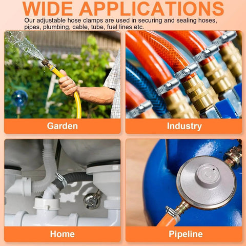 Collage showing applications of 120 Piece Hose Clamp Set Camtek Stainless Steel Adjustable Worm Gear Clamp 6 to 44 mm Range in garden, industry, home, and pipeline.