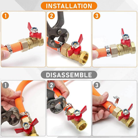 Steps showing installation and disassembly of 117 Piece 16 Size Single Ear Hose Clamp Kit In 304 Stainless Steel for plumbing.