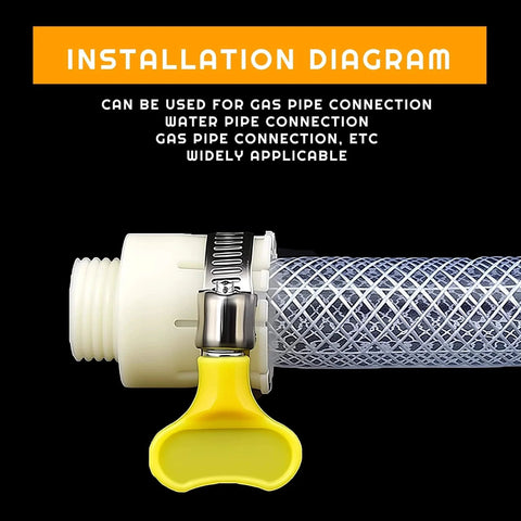 Installation diagram showing stainless steel hose clamp on a gray pipe with yellow key, part of Stainless Steel Hose Clamp Assortment Kit 80 Pieces Adjustable 8 To 44 Mm Worm Gear Metal Fuel Line Clamps For Plumbing Automotive And Mechanical Applications Corrosion Resistant 304 Stainless