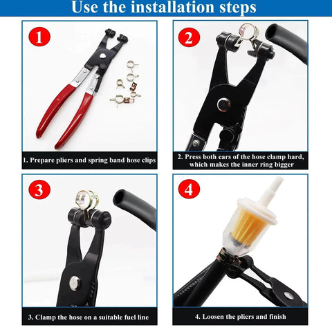 Installation steps for using spring band hose clamps with pliers for automotive fuel lines