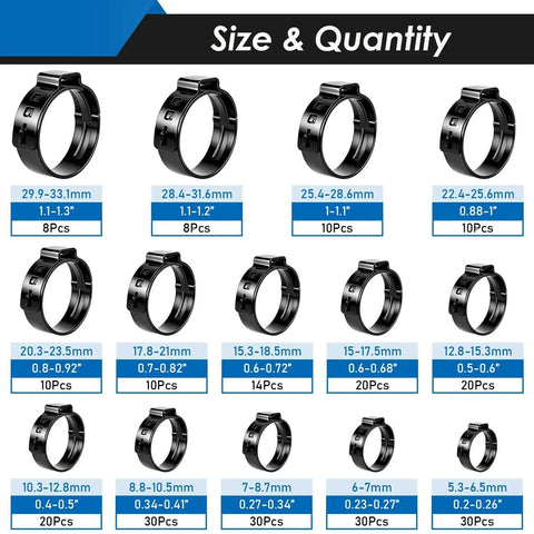 250 Pack Hose Clamp Kit With 14 Sizes 5.3 To 33.1 Mm Single Ear Stainless Steel 304 Black Finish Includes Ear Clamp Pliers