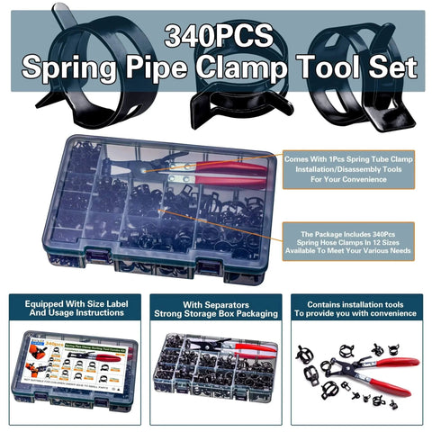 Spring Hose Clamps Kit 340 Pieces With Clamp Tool 12 Sizes From 6mm To 22mm for automotive, marine, and gardening use