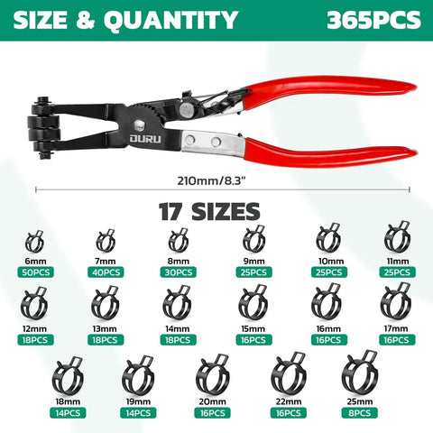 365 Piece Spring Hose Clamps Kit 6 To 25mm With 45 Degree Plier Constant Tension Clamps For Fuel Lines Silicone Vacuum Hoses