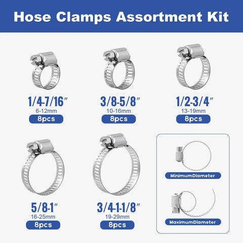 40 Piece Hose Clamp Set With 304 Stainless Steel Assortment From One Quarter Inch To One And One Eighth Inch Small Worm Gear Clamps Kit