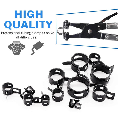 DIY Friendly All In One Hose Clamp Kit With 121Pcs 7 To 22mm Swivel Flat Band Clamps and remover tool displayed.