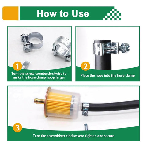 Installation instructions for 34 Piece Worm Gear Hose Clamp Kit 8 to 18mm Range in Five Sizes, showing steps to secure hoses.