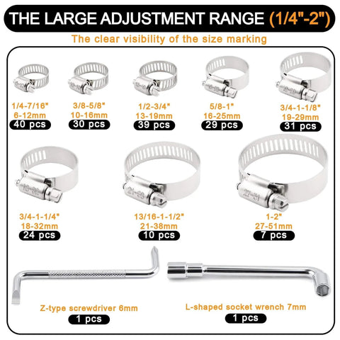 210 Piece 304 Stainless Steel Hose Clamps Assortment Kit From One Quarter Inch To Two Inch Worm Gear Hose Clamps For Radiator Heater Automotive Mechanical Applications Pipe Tube Coolant Garden, showing various clamp sizes with tools.