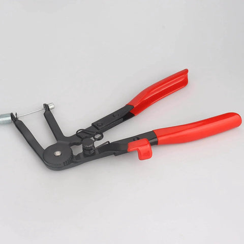 Hose Clamp Pliers Tool For Removing And Installing Flat Hose Clamps And Spring Clamps With Cable displayed with red ergonomic handles.