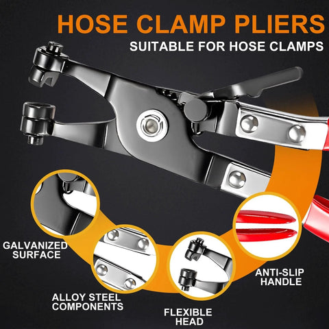Close-up of hose clamp pliers with anti-slip handle from the 380 Pcs 6 To 22 Mm Spring Hose Clamps Kit 12 Sizes Black Fuel Line Clamps.