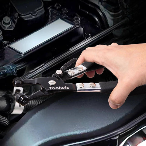 Heavy Duty Hose Clamp Pliers with Locking Device and Non Slip Handle in use to remove automotive clamp