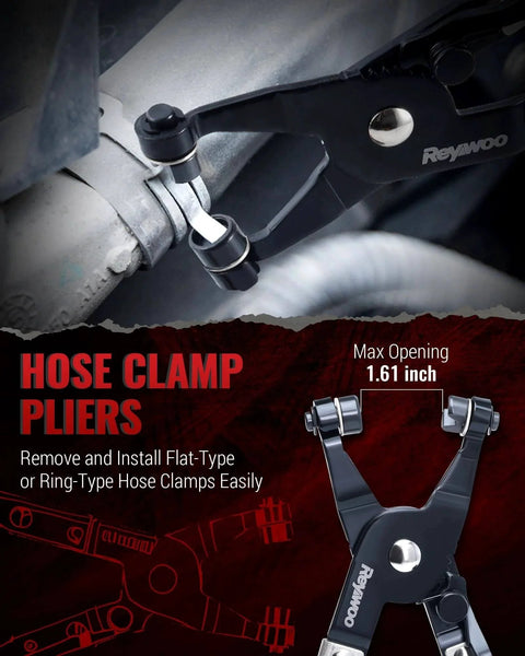 8 Piece Hose Clamp Pliers Set With Hose Pinch Off And Hose Removal Pliers For Fuel Line Brake Line Radiator Hose And Gas Line Repair And Maintenance shown removing hose clamp.
