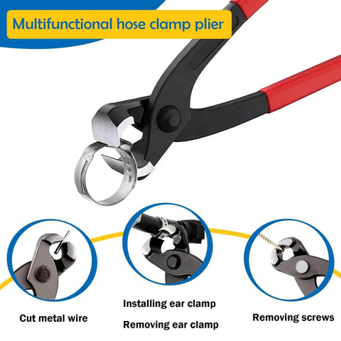 115Pcs 10 Sizes 304 Stainless Steel Single Ear Hose Clamps Set With Ear Clamp Pliers; close-up of multifunctional plier.