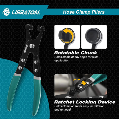 Hose Clamp Pliers Professional Swivel Flat Band Tool For Easy Removal And Installation with green handles and rotatable chuck.