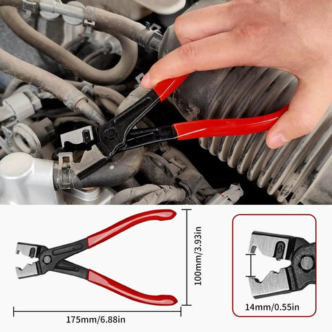 WiseUp 4 Piece Hose Clamp Pliers Set in use on automotive hose, featuring 27 inch long reach pliers and flat band clamp tool.