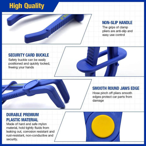 Close-up of blue pliers from 6 Piece Hose Clamp Pliers Set With Straight And 90 Degree Angled Jaws For Radiator And Fuel Lines Brake Coolant Hoses Includes Three Sizes To Temporarily Pinch Off Flexible Hoses During Automotive Maintenance, showcasing non-slip handle, security buckle, and durable plastic material.