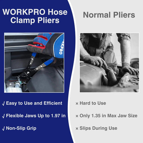 Hose Clamp Pliers With Swivel Flat Band For Easy Removal And Installation Of Spring Hose Clamps In Automotive Fuel Oil And Water Hoses Flexible Jaws Rotating Tip For Narrow Space Access One Point Nine Seven Inch Opening Labor Saving Tool comparison with normal pliers