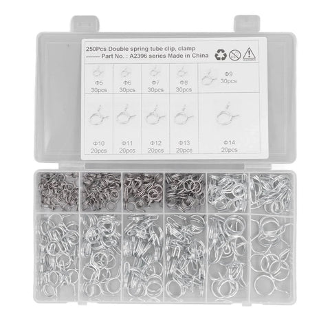 250 Piece Hose Tube Spring Clips Set Double Wire Hose Clamps 5mm To 14mm For Air Water And Silicone Hoses Irrigation Applications High Capacity Box With 10 Sizes