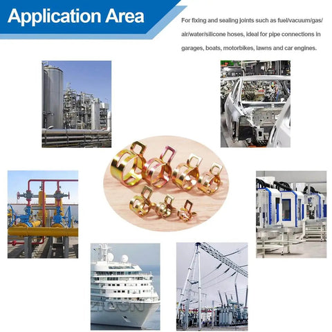 Durable 70 piece hose clamp assortment in 6 9 10 11 12 14 16 mm ranges shown with application examples in various industries.