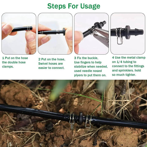 250 Piece Hose Tube Spring Clips Set Double Wire Hose Clamps 5mm To 14mm For Air Water And Silicone Hoses Irrigation Applications High Capacity Box With 10 Sizes Ideal For DIY Projects usage instructions with hands installing clamp on hose and securing irrigation setup
