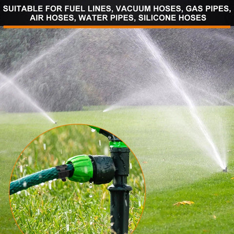 Sprinkler system on lawn with green hose and 380 Pcs 6 To 22 Mm Spring Hose Clamps Kit 12 Sizes Black Fuel Line Clamps.