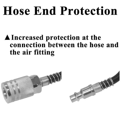 Heavy Duty Air Blow Gun Kit With Sixteen Foot PU Hose For Air Compressor Quick Connect One Quarter Inch High Volume Pro Grade Duster With One Hundred Twenty Millimeter Steel Nozzle Durable PU Line Great For Fast Debris Blowing In The Workshop, showing hose end protection detail.