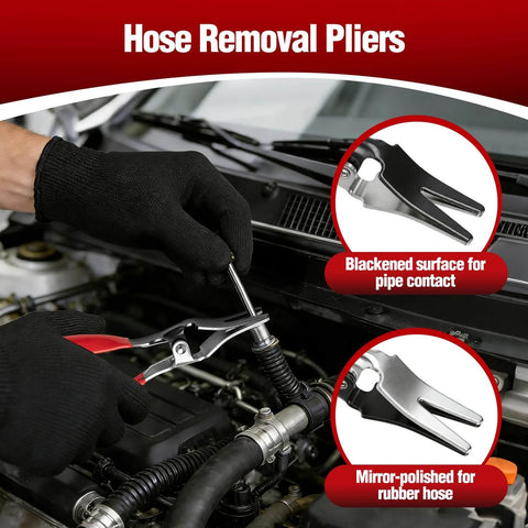 Hose removal pliers being used in car engine for pipe and rubber hose, part of 9 Piece Electrical Disconnect Pliers Set For Cars.